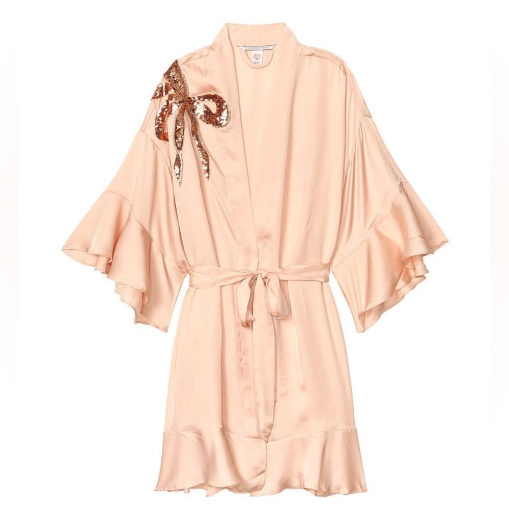 Victoria's Secret Gold Embellished Bow Short Satin Flounce Robe